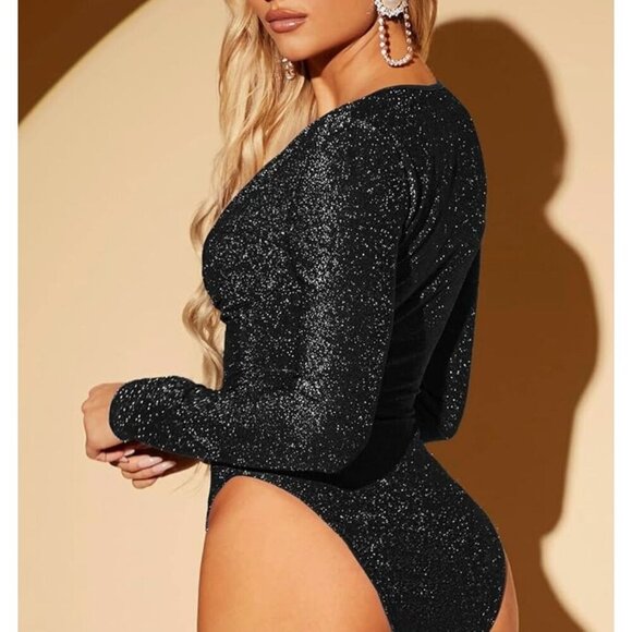 Black Sparkly Long Sleeve Deep V-Neck Bodysuit For Women - Picture 2 of 4
